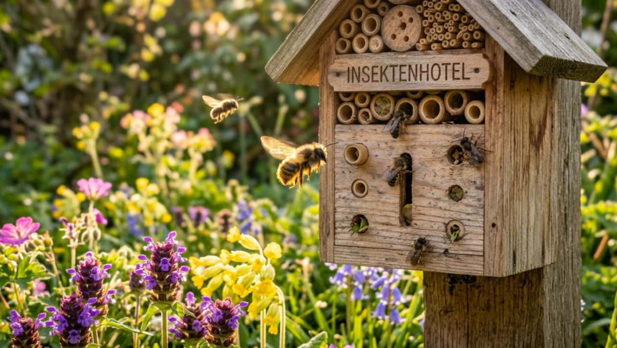 Ein Insektenhotel in der warmen Morgensonne, das von Wildbienen angeflogen wird, mit blühenden Blumen darunter.