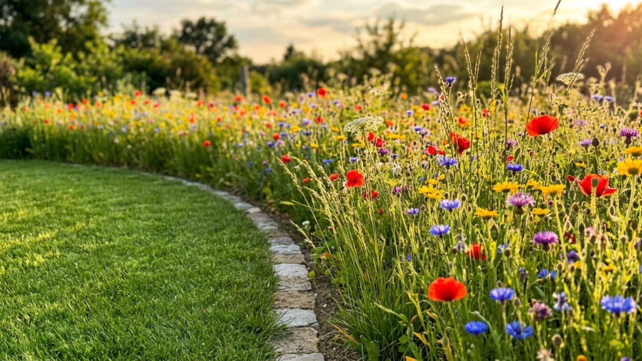 Ein gepflegter Rasen geht scharf in eine wilde, blühende Blumenwiese über, beleuchtet vom Abendlicht.