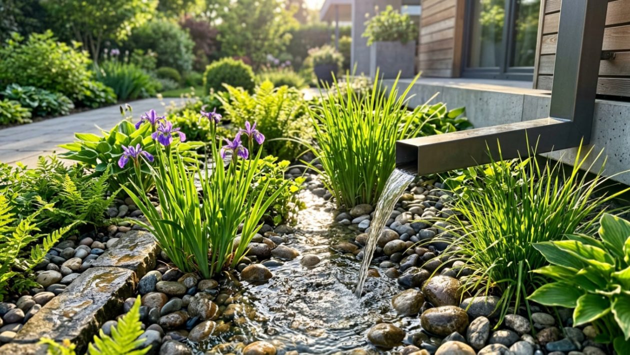 Regenwasser fließt aus einem Fallrohr in eine bepflanzte Versickerungsmulde mit Steinen und Gräsern im Garten.