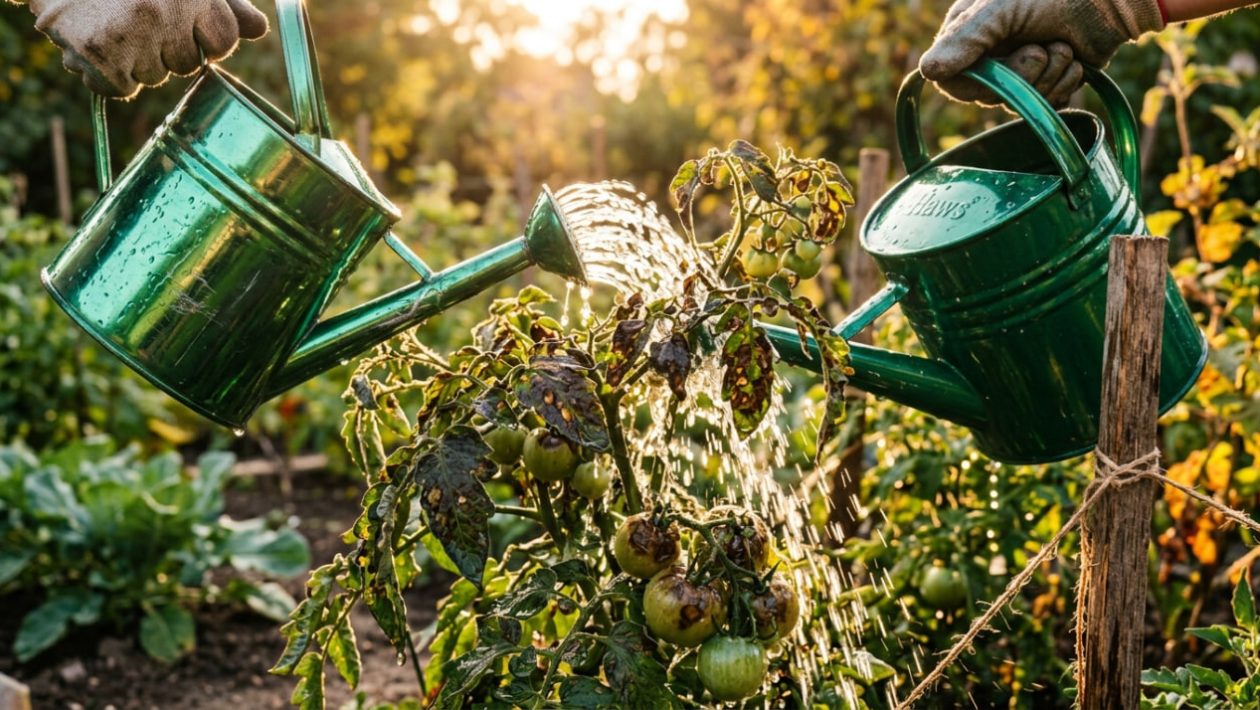 Wasser wird aus einer Gießkanne direkt über die Blätter einer Tomatenpflanze gegossen.