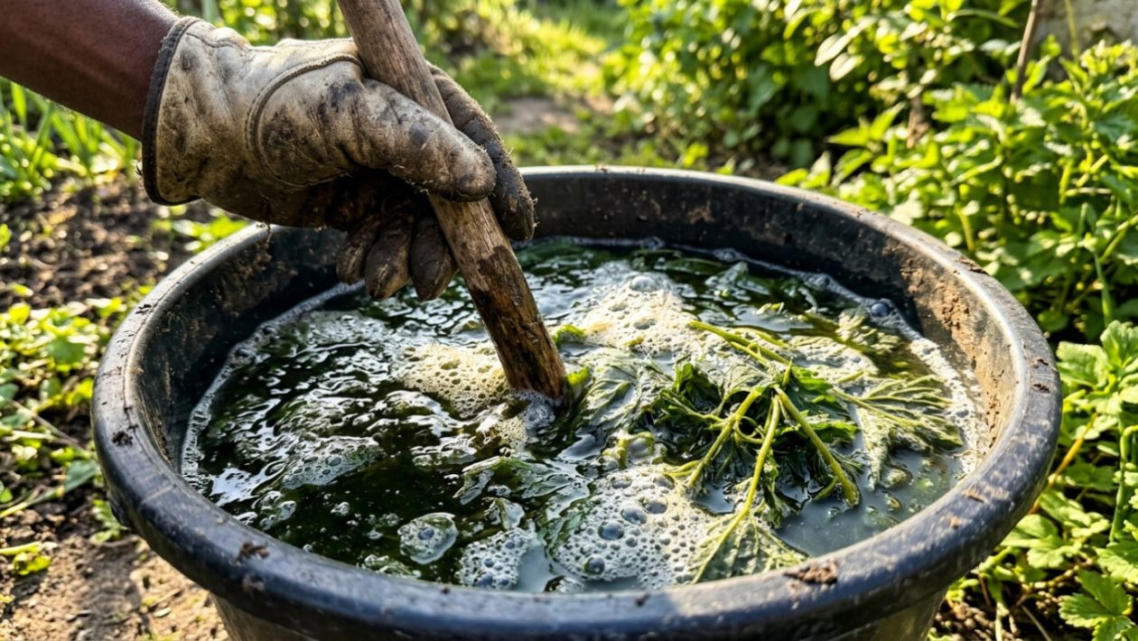 Ein Eimer voller blubbernder, dunkelgrüner Brennnesseljauche, die mit einem Holzstock umgerührt wird.