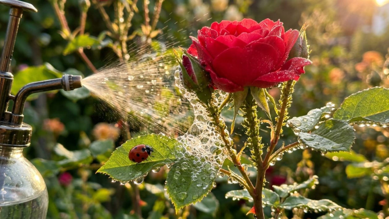 Seifenwasser wird aus einer Sprühflasche auf eine mit Blattläusen befallene rote Rose gesprüht.