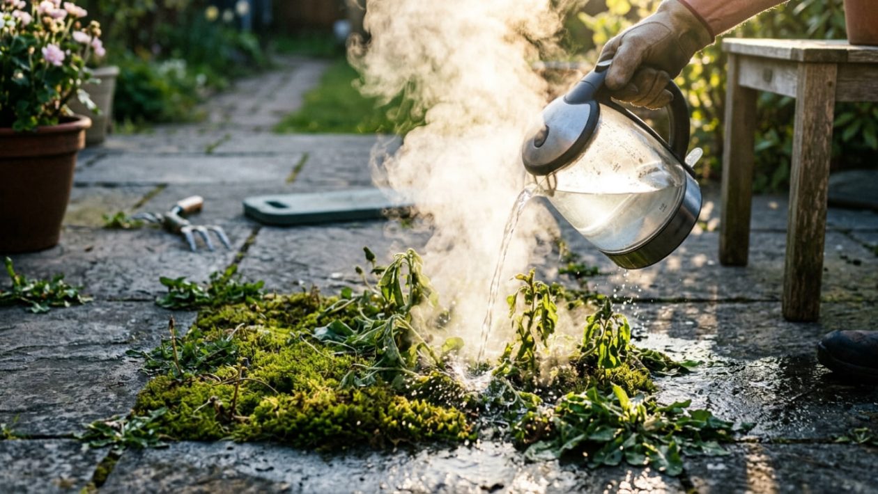 Kochendes Wasser aus einem Wasserkocher wird auf Unkraut in Terrassenfugen gegossen.