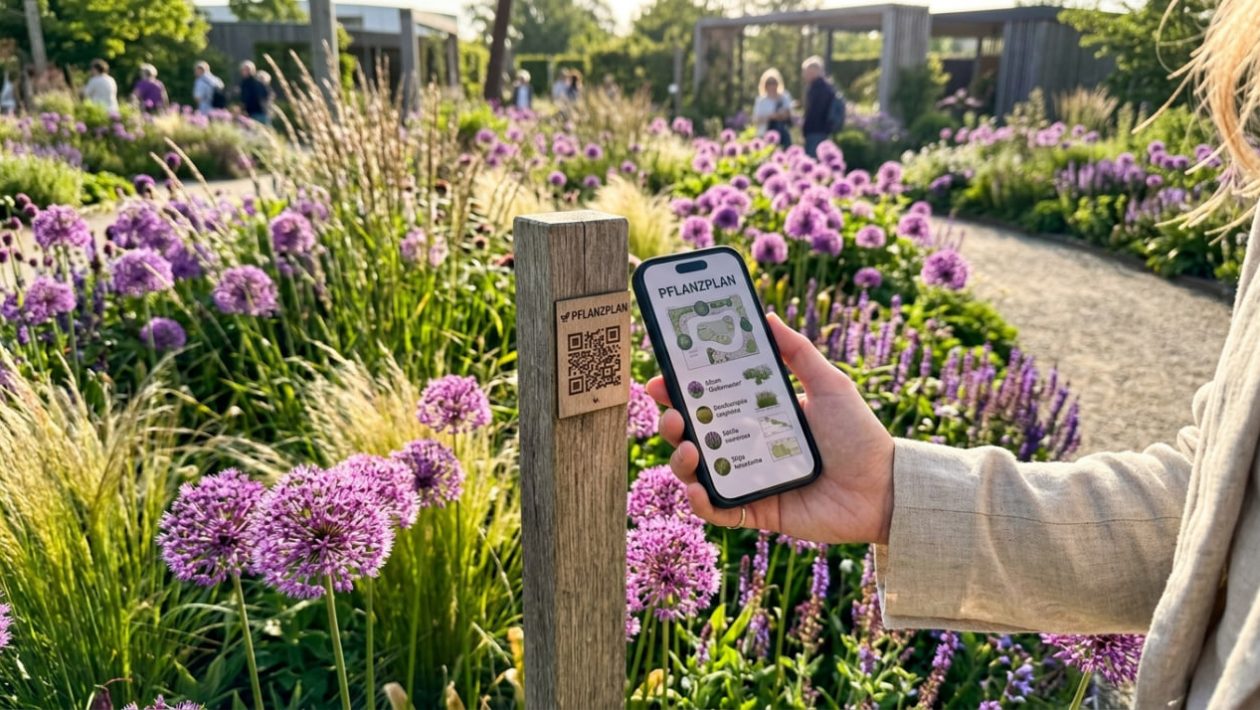 Ein Besucher scannt einen versteckten QR-Code an einem Schaugarten, um den Pflanzplan herunterzuladen.