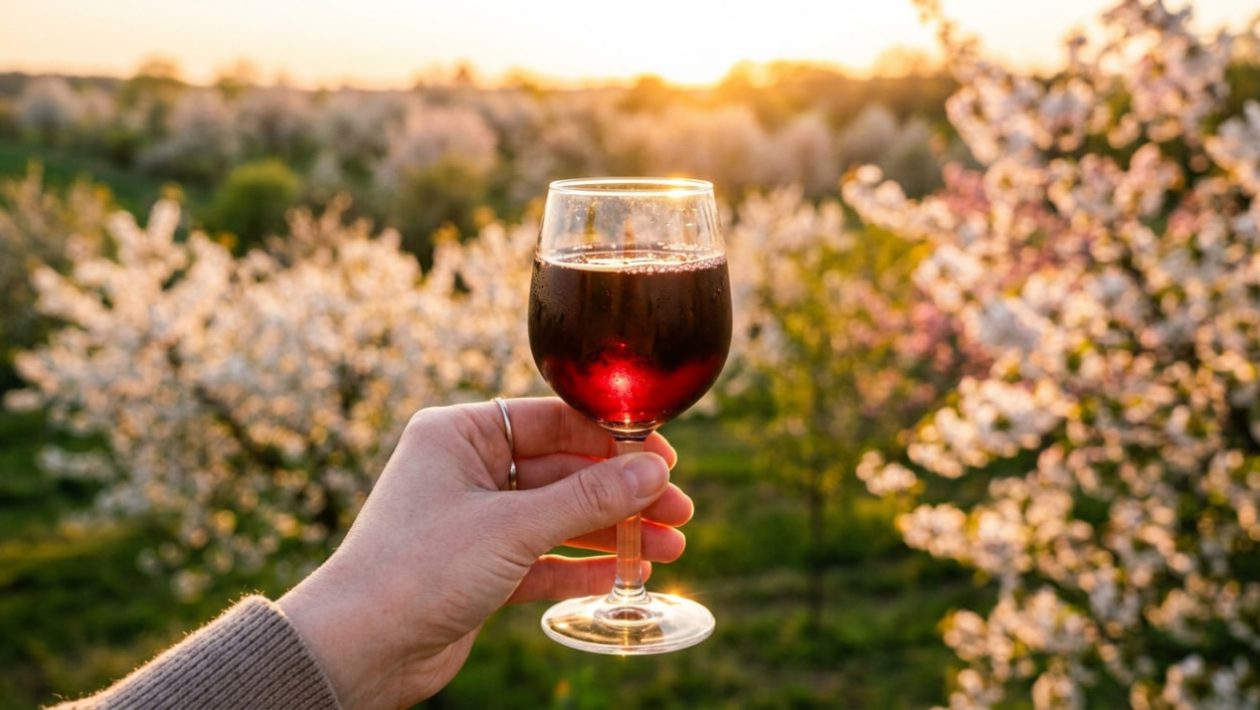 Ein Glas roter Obstwein wird vor einem blühenden Kirschbaum im warmen Sonnenlicht gehalten.