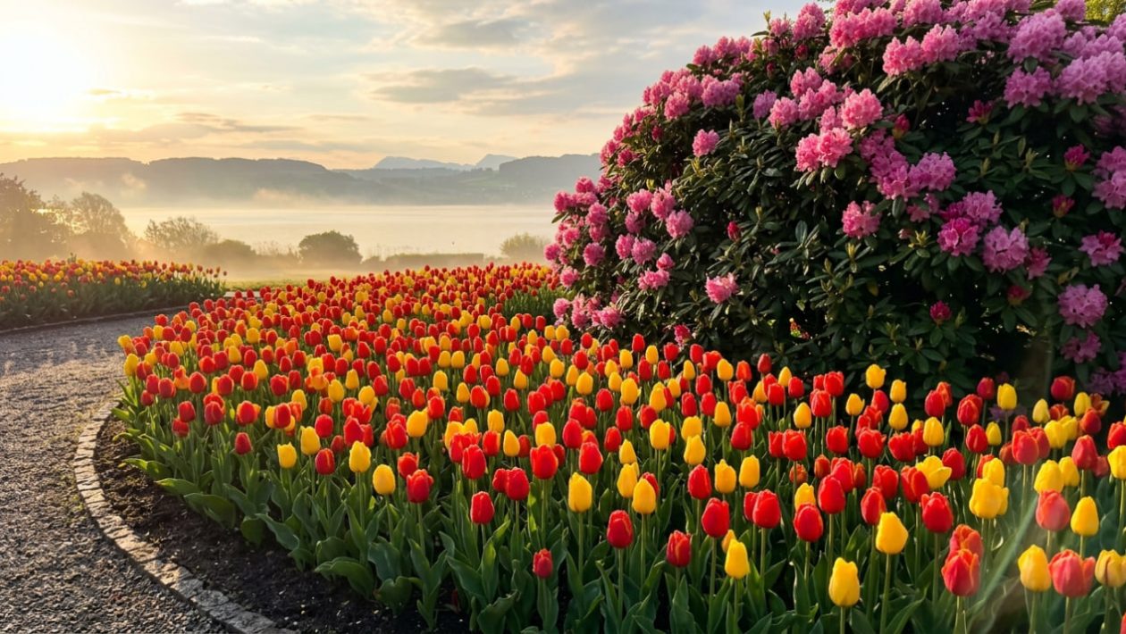 Ein dichter Blumenteppich aus roten Tulpen vor einem pinken Rhododendron-Busch im morgendlichen Sonnenlicht auf der Insel Mainau.