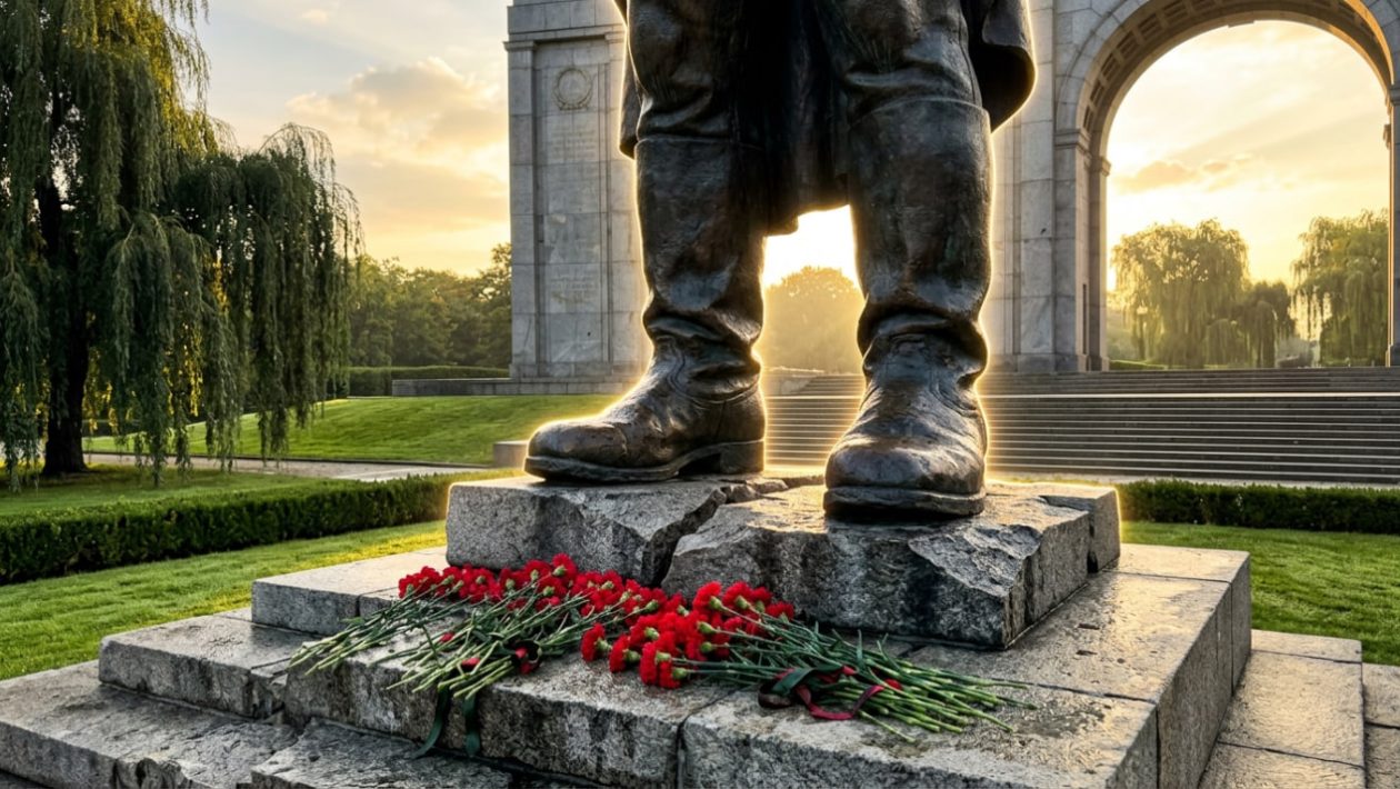 Rote Nelken liegen auf den Granitstufen vor der riesigen Bronzestatue im Treptower Park.