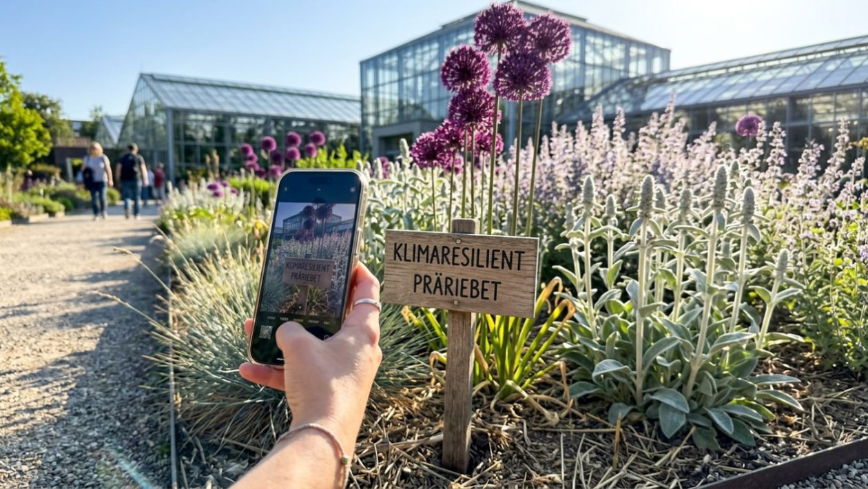 Ein Besucher fotografiert das Schild einer klimaresilienten Pflanze im Botanischen Garten vor einem Präriebeet.