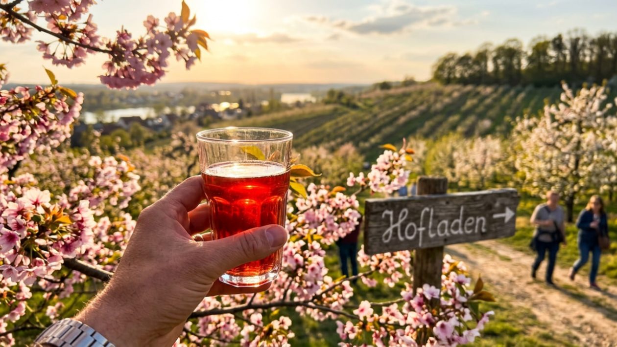 Ein Glas Obstwein vor blühenden Kirschbäumen abseits des großen Festival-Rummels in Werder.