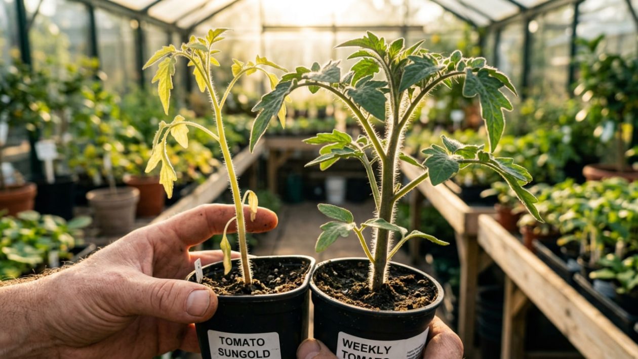 Ein Vergleich zwischen einer langen, schwachen Tomatenpflanze und einem kurzen, kräftigen Setzling.