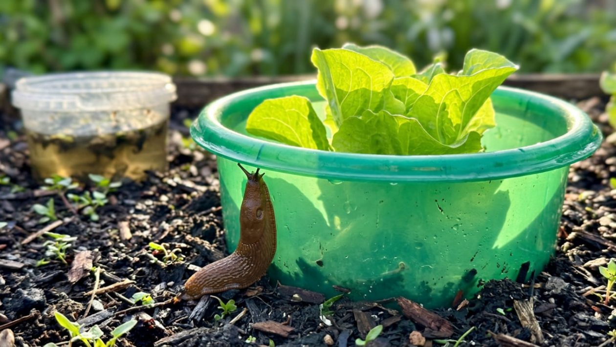 Eine Nacktschnecke scheitert an einem Schneckenkragen, der eine Salatpflanze schützt.
