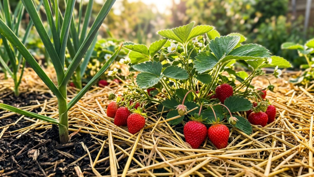 Eine rote Erdbeere liegt trocken auf Stroh, direkt neben einer wachsenden Knoblauchpflanze.