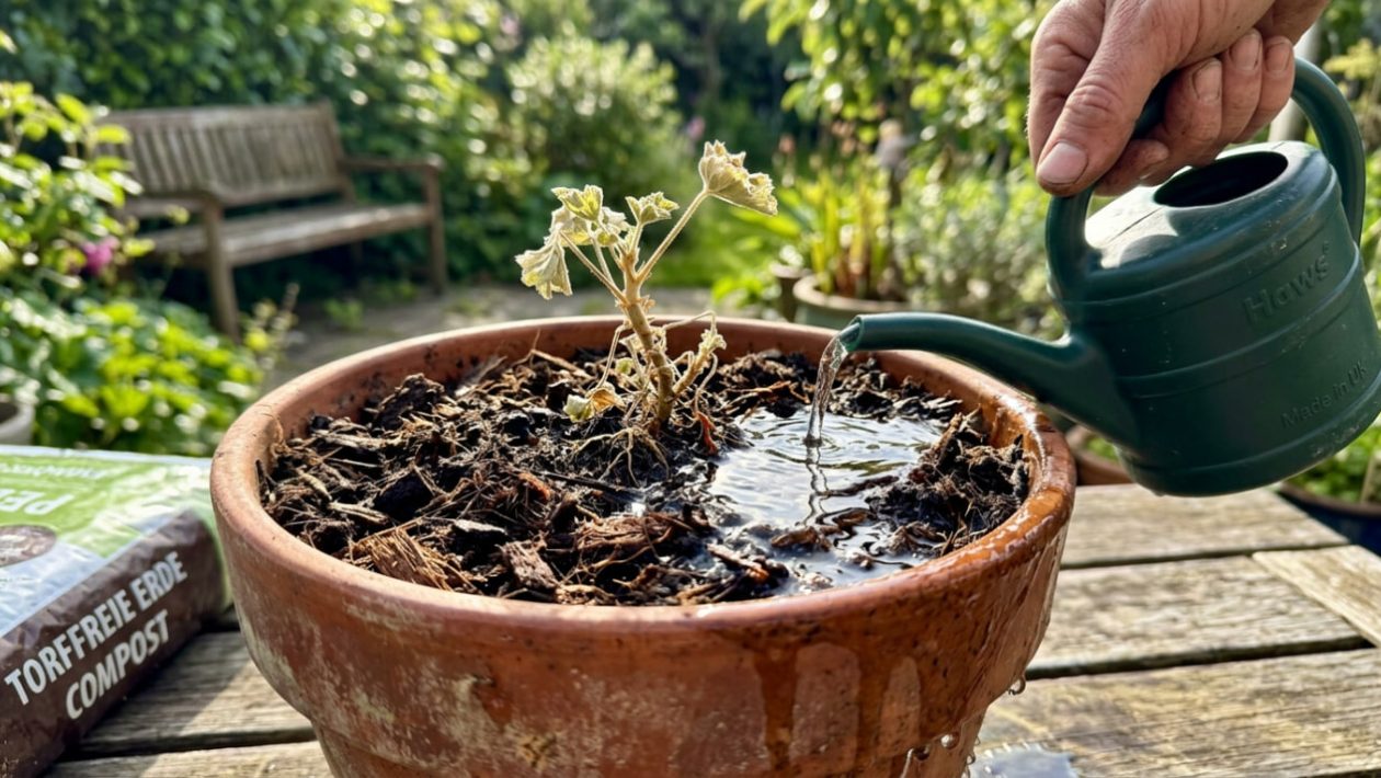 Wasser perlt an der Oberfläche von torffreier Blumenerde ab und läuft am Rand des Topfes ungenutzt hinunter.