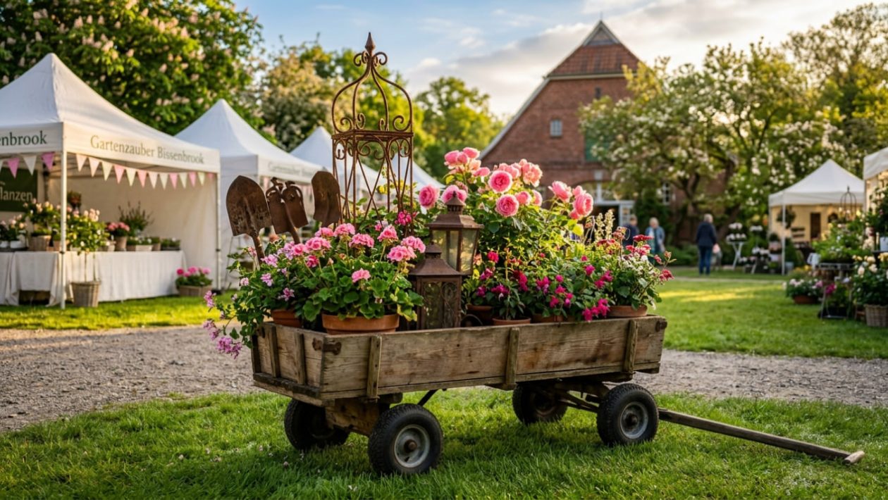 Ein voll beladener Bollerwagen mit seltenen Pflanzen steht im warmen Morgenlicht vor den weißen Zelten eines Gartenfestivals.