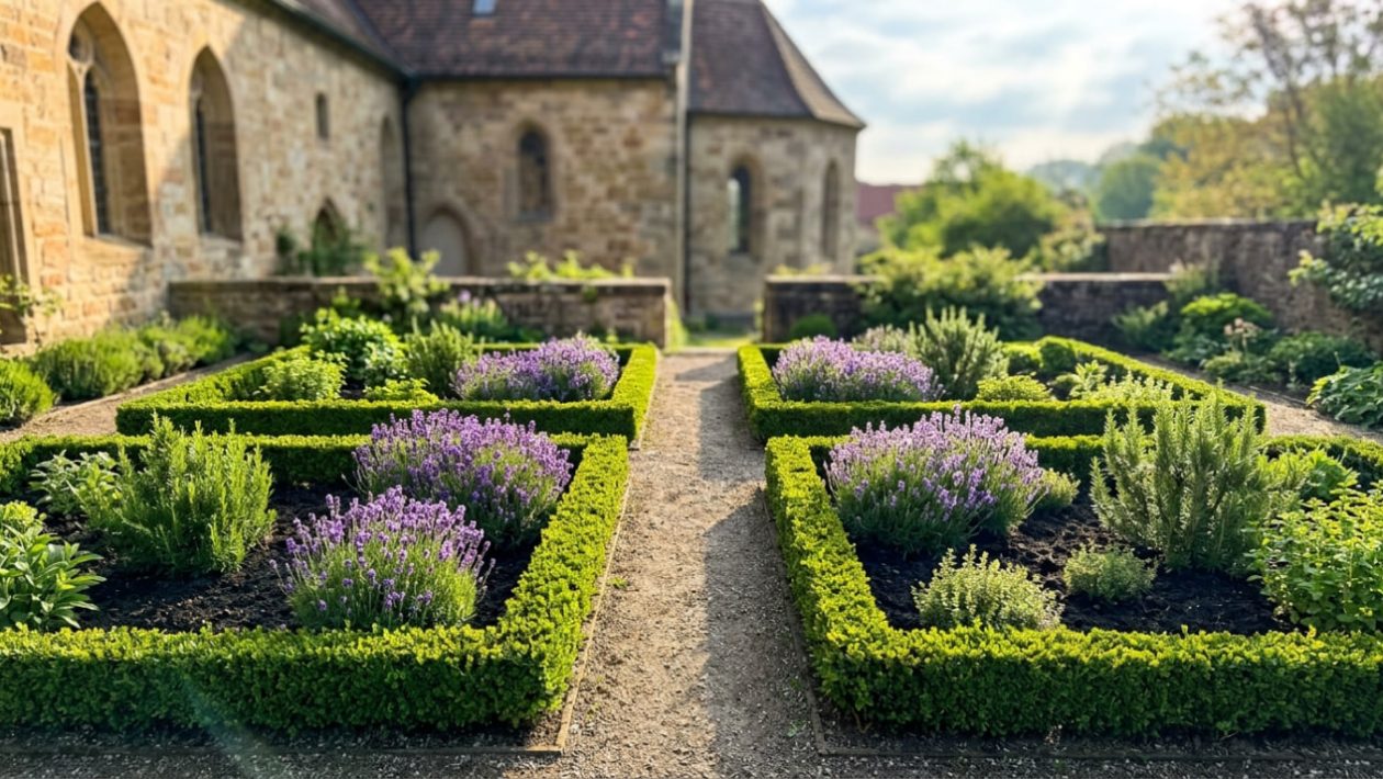 Ein symmetrischer Klostergarten mit Kräuterbeeten, eingefasst von Buchsbaum, im morgendlichen Sonnenlicht.