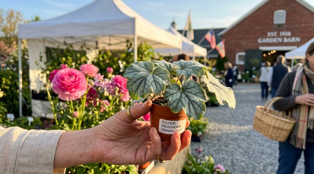 Eine Hand prüft die Blattstruktur einer seltenen Pflanze im warmen Morgenlicht auf einem Gartenfestival.