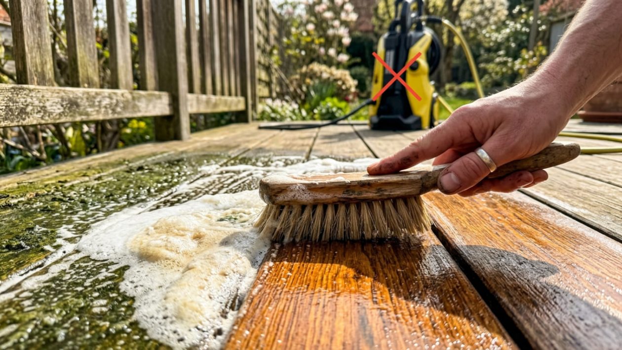 Eine Holzbürste schrubbt mit Natron-Schaum grünen Belag von einer Holzterrasse.