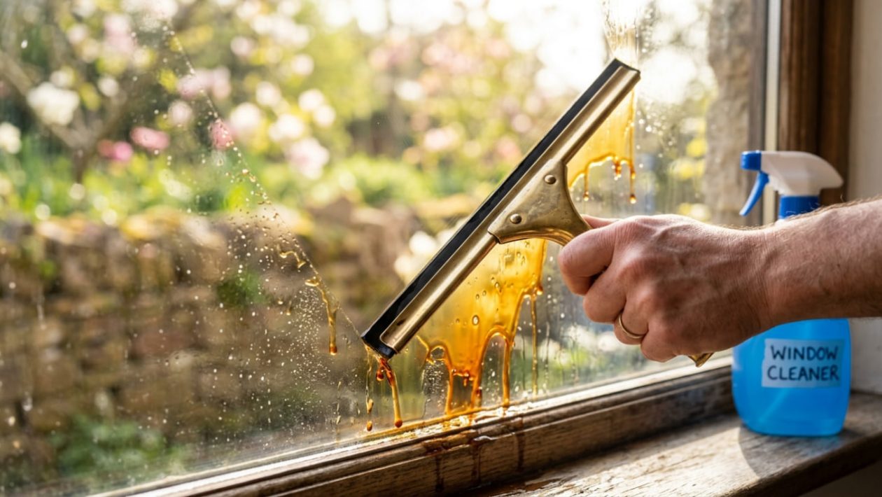 Ein Fensterabzieher zieht schwarzem Tee vom Glas ab und hinterlässt ein streifenfreies Fenster.