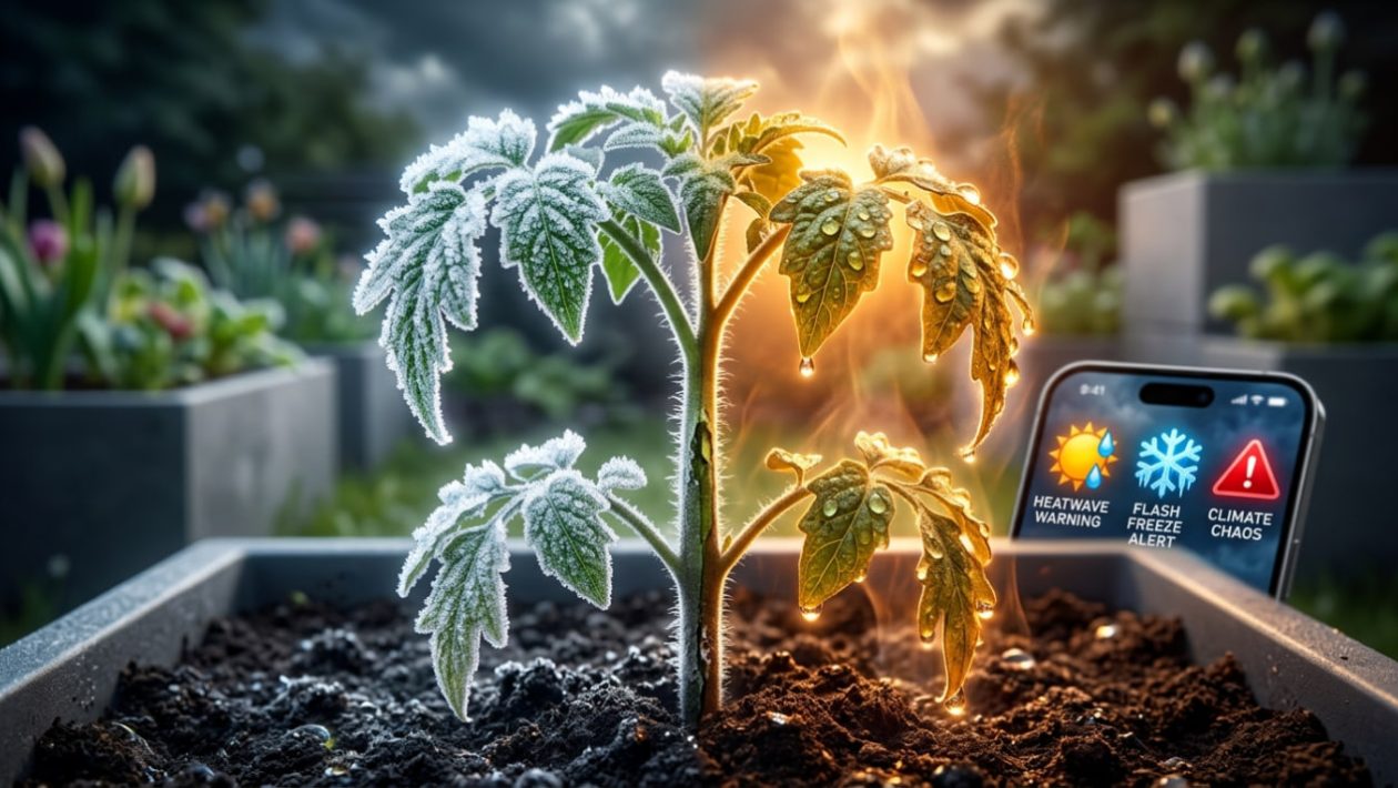 Eine Tomatenpflanze steht extremen Wetterbedingungen zwischen Frost und Hitze gegenüber.
