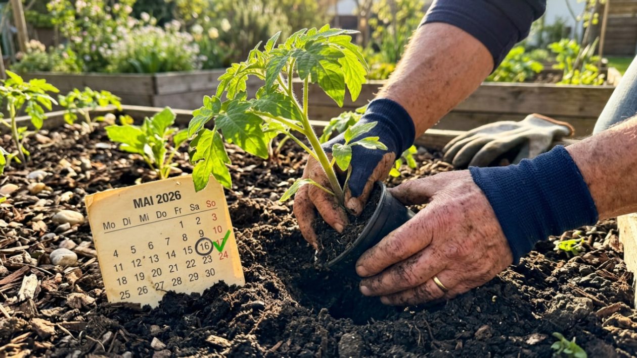 Ein Gärtner pflanzt am 16. Mai, dem Tag nach der Kalten Sophie, eine Tomatenpflanze in die warme Gartenerde.