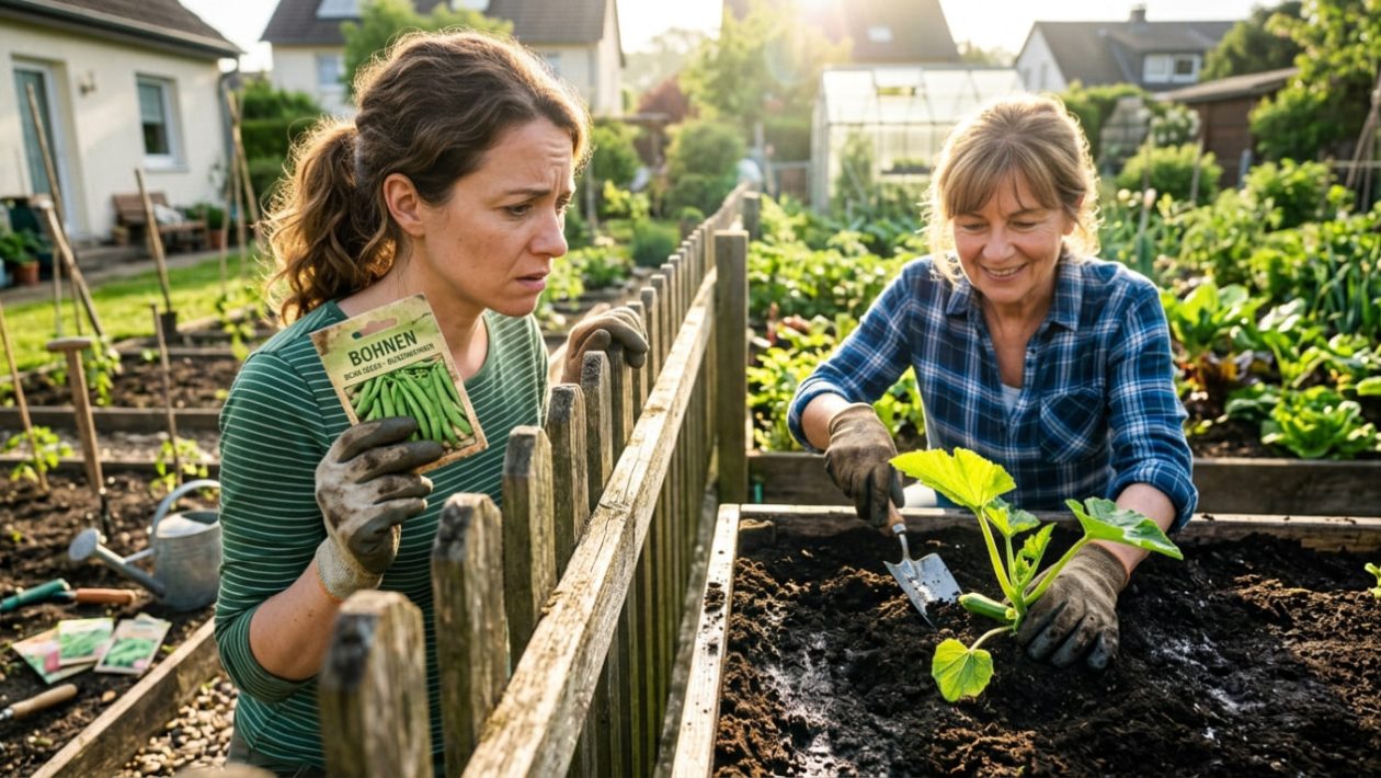 Ein Gärtner schaut nervös über den Zaun, während der Nachbar bereits Zucchini pflanzt.