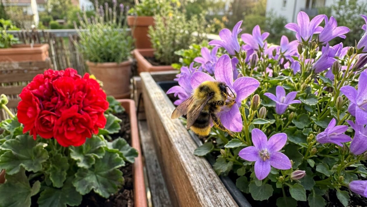 Eine Hummel besucht eine offene Glockenblume, während eine gefüllte rote Geranie ignoriert wird.