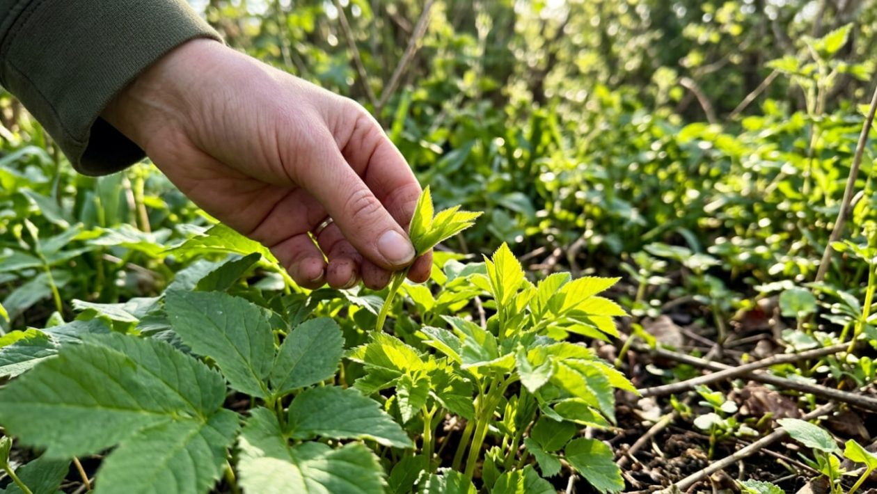 Eine Hand pflückt winzige, hellgrüne, junge Giersch-Blätter im morgendlichen Sonnenlicht.