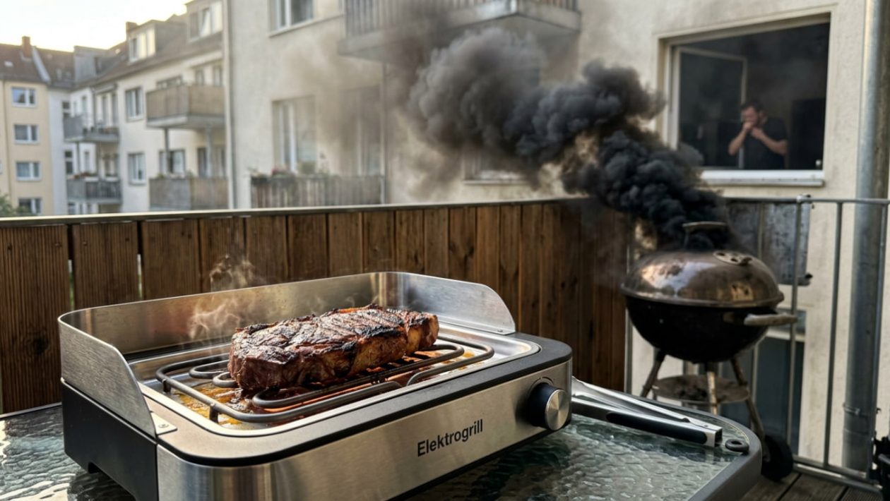 Ein sauberes Steak auf einem Elektrogrill, während im Hintergrund ein Holzkohlegrill extrem stark qualmt.