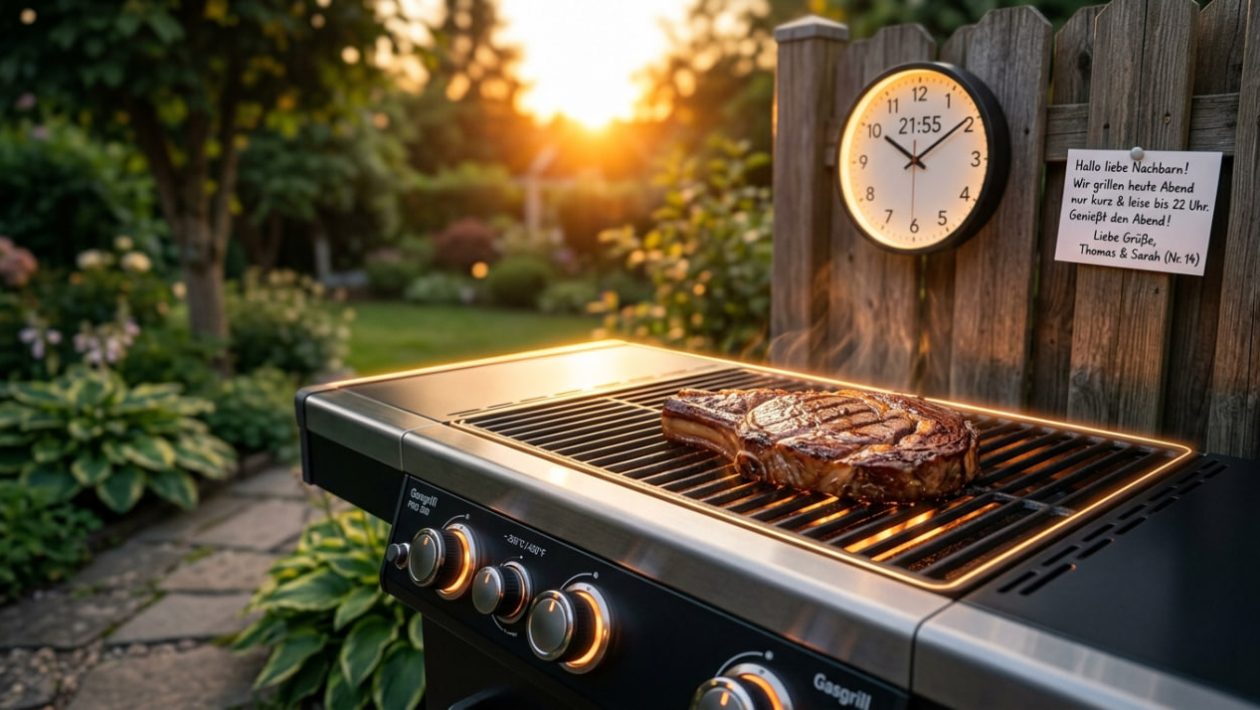 Ein rauchfreier Gasgrill im Garten kurz vor Beginn der gesetzlichen Nachtruhe um 22 Uhr.