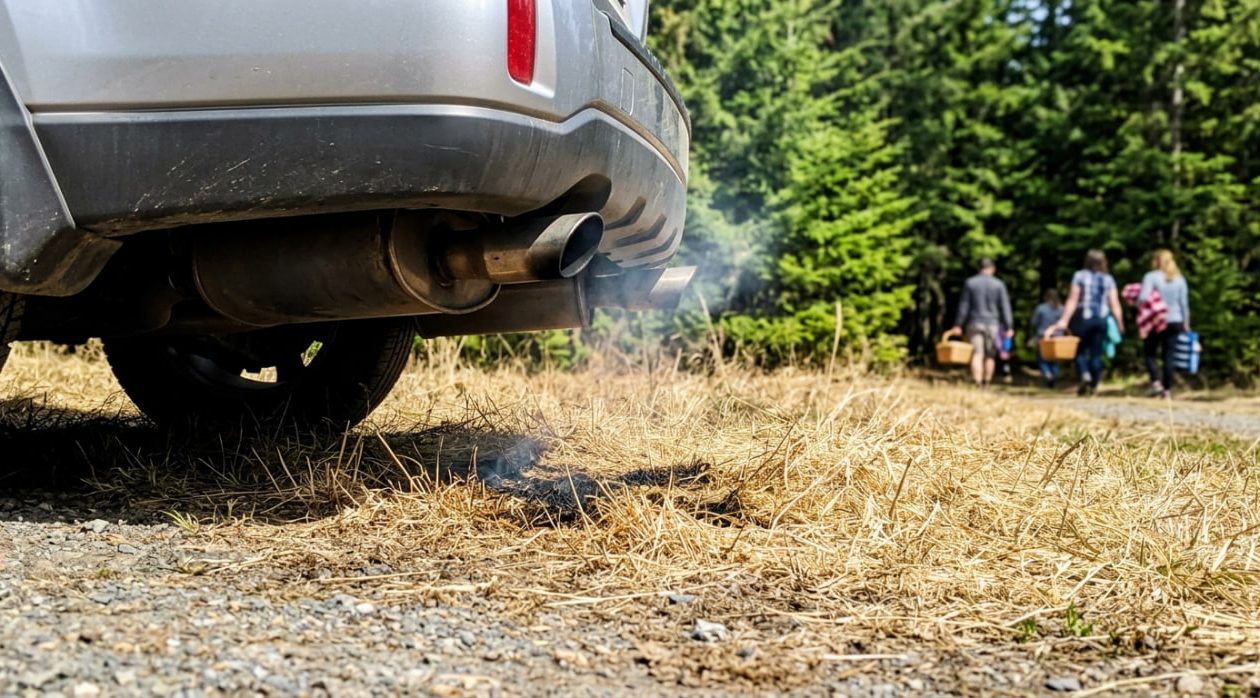 Ein heißer Auto-Auspuff entzündet trockenes Gras am Waldrand.