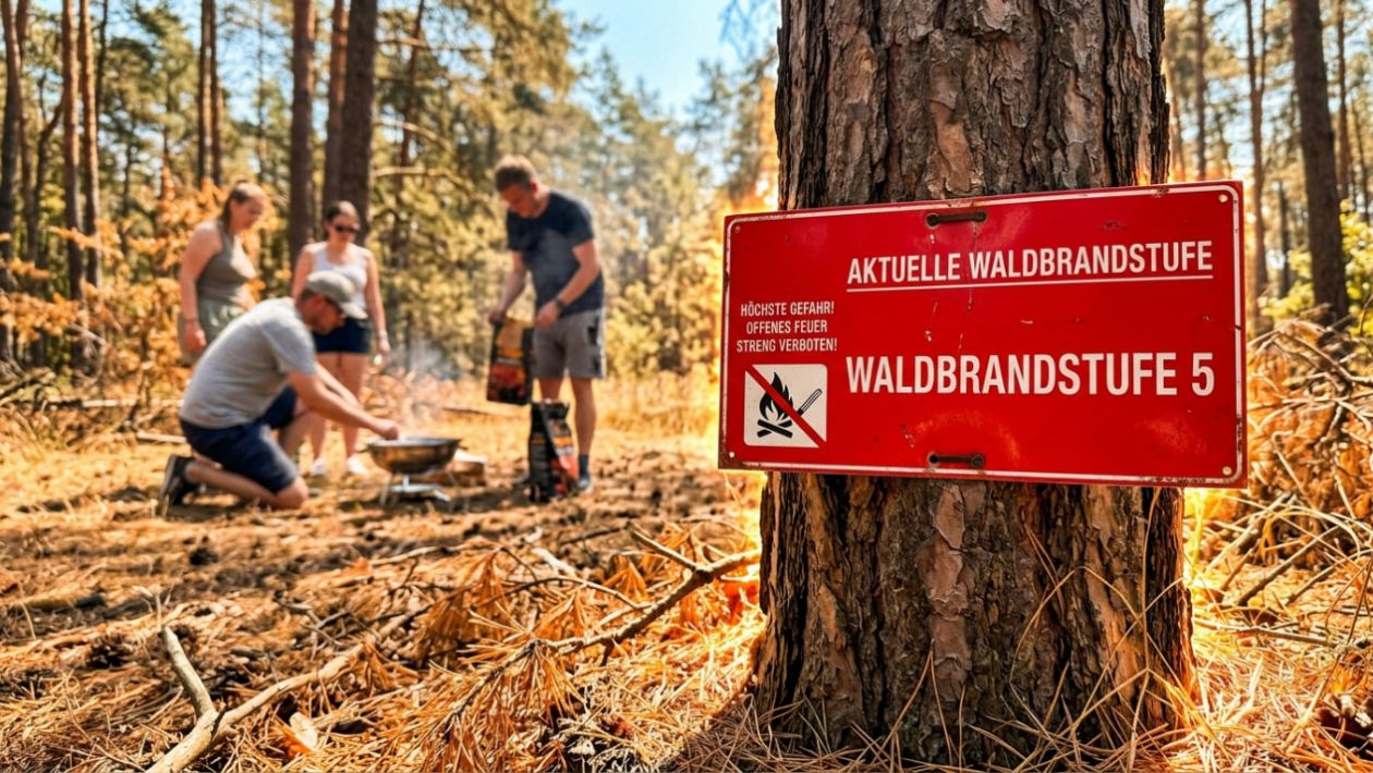 Ein rotes Warnschild 'Waldbrandstufe 5' an einem Baum, während Touristen im trockenen Kiefernwald grillen.