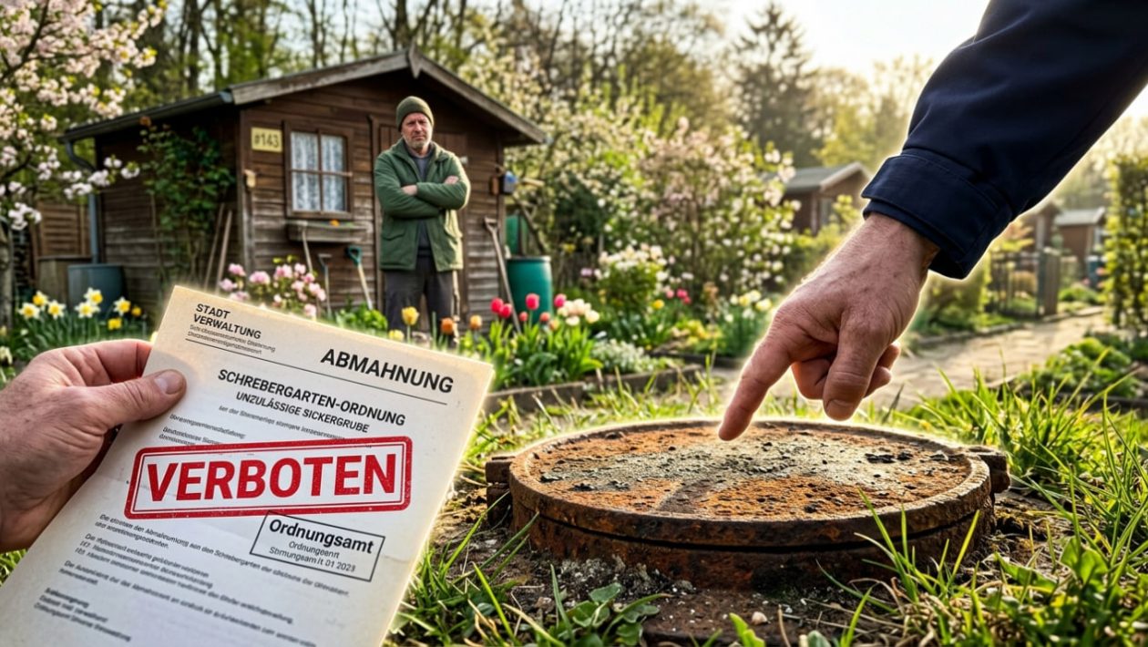 Ein Beamter hält ein Verbotsschild über den Deckel einer illegalen Sickergrube im Kleingarten.