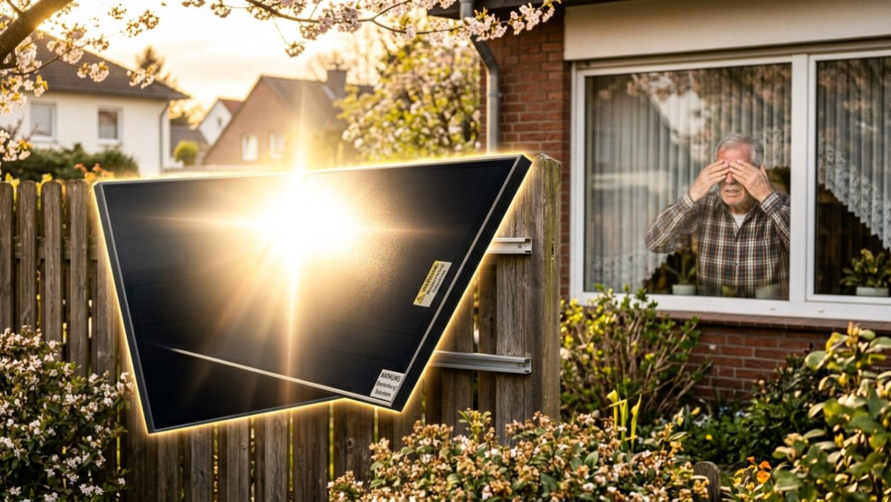 Ein Solarmodul am Gartenzaun blendet extrem stark durch die Nachmittagssonne.