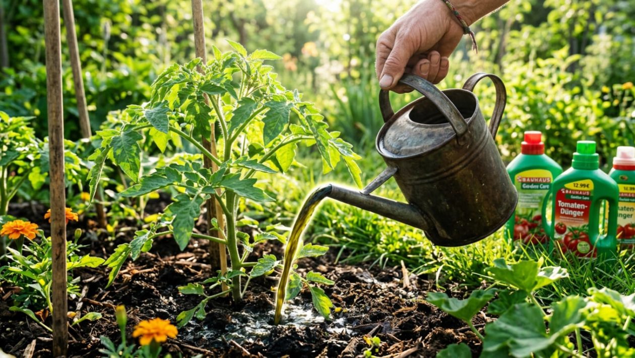 Gärtner gießt dunkle Brennnesseljauche an eine Tomatenpflanze, während teure Plastik-Düngerflaschen im Hintergrund stehen.