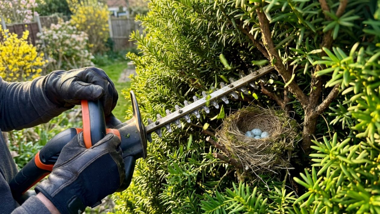 Eine elektrische Heckenschere bedroht ein verstecktes Vogelnest in einer Hecke.