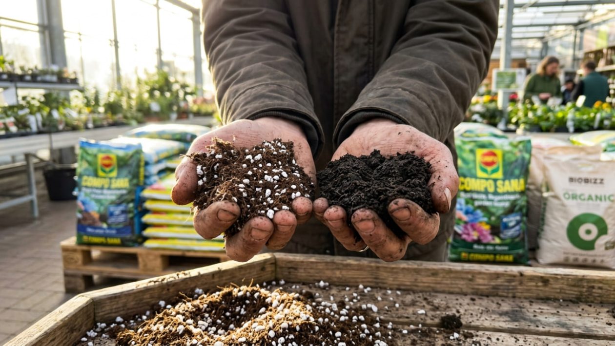 Ein Gärtner vergleicht leichte torffreie Erde mit schwerem Kompost im Gartencenter.