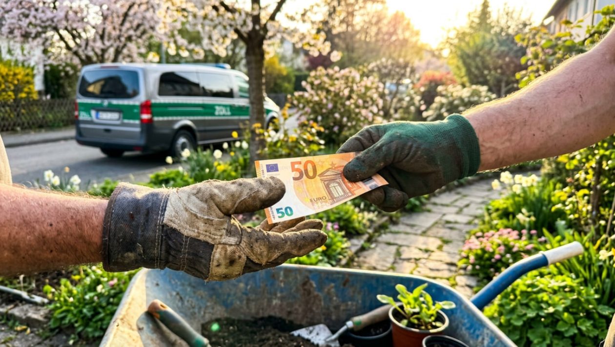 Jemand zahlt einen Gartenhelfer heimlich mit Bargeld, während im Hintergrund ein Zoll-Fahrzeug steht.
