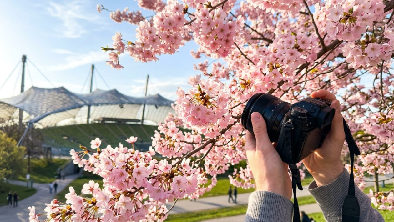 Japanische Kirschblüten blühen vor dem Hintergrund des Münchner Olympiastadions.
