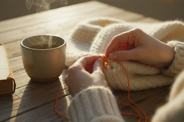 Jemand stopft in Ruhe einen alten Wollpullover, daneben steht eine dampfende Teetasse.